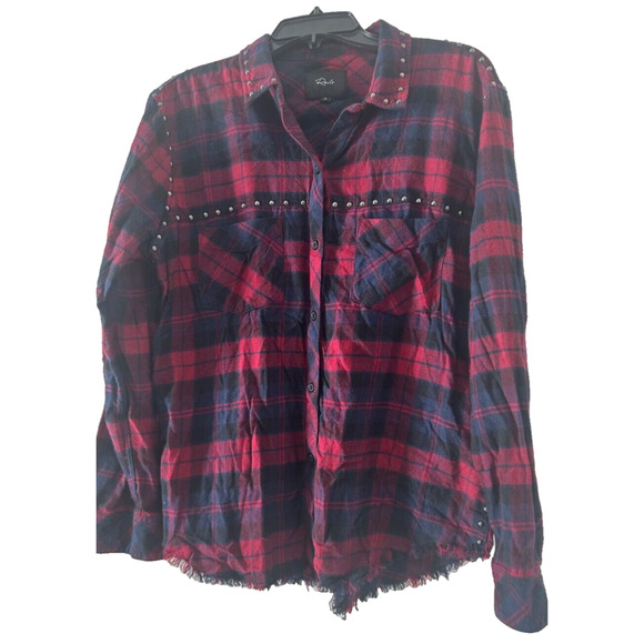 RAILS M Navy Blue Red Plaid Rex Studded Flannel Button Up Raw Hem Shirt LS E9 - Picture 2 of 8